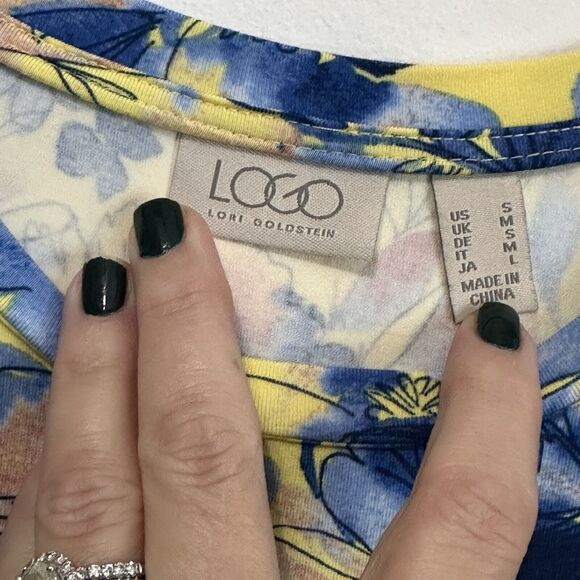 LOGO Lori Goldstein Top Tunic S Yellow Blue Floral Asymmetric Hem Pocket Casual - Picture 6 of 11